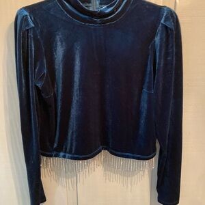 JOIE Velvet Velour Mock Neck Long‎ Sleeve Rhinestone Fringe Top Medium